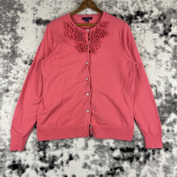 Lands End Sweater Womens Size Large Cardigan‎ Pink Button Up Ruffle Neck Preppy - Picture 1 of 12